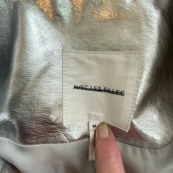 Avec Les Filles Silver Metallic Button Front Trench Coat Belted Medium *flawed - Picture 8 of 13